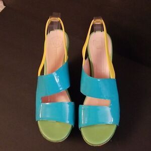 Vintage Versace cork wedge, green, yellow and turquoise sandals  size 40.
